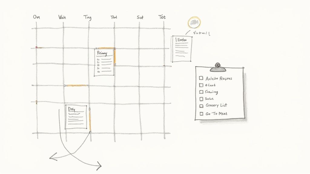 Hand-drawn weekly calendar with notes and a checklist, illustrating planning and organization.