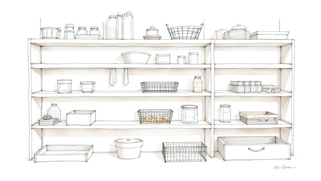 Clear containers and woven baskets organizing food on white pantry shelves.