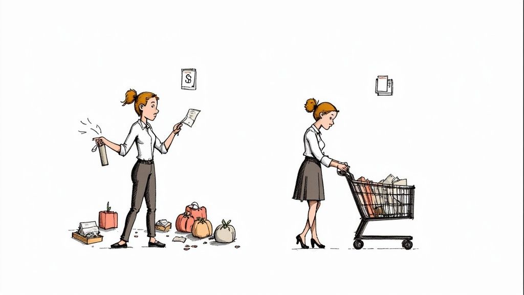 Woman comparing messy handwritten shopping list versus organized cart with planned grocery items