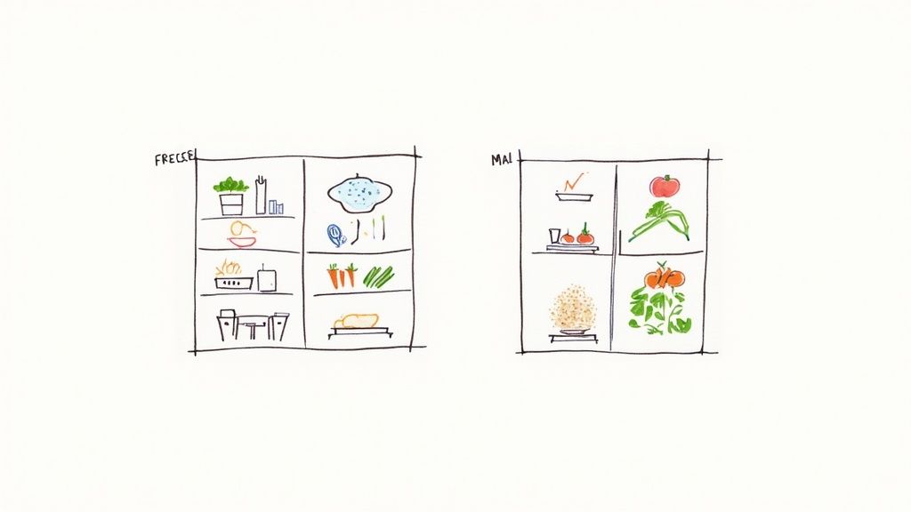 A person taking stock of their pantry, which is neatly organized with jars of grains, cans, and other staples.