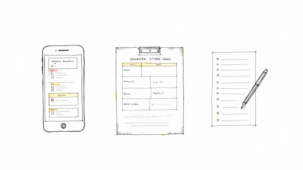 Three grocery list organizer formats showing mobile app, clipboard with handwritten notes, and blank paper template with pen
