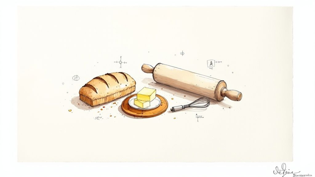 Watercolor illustration of baking essentials, featuring bread, butter, a rolling pin, and a whisk.