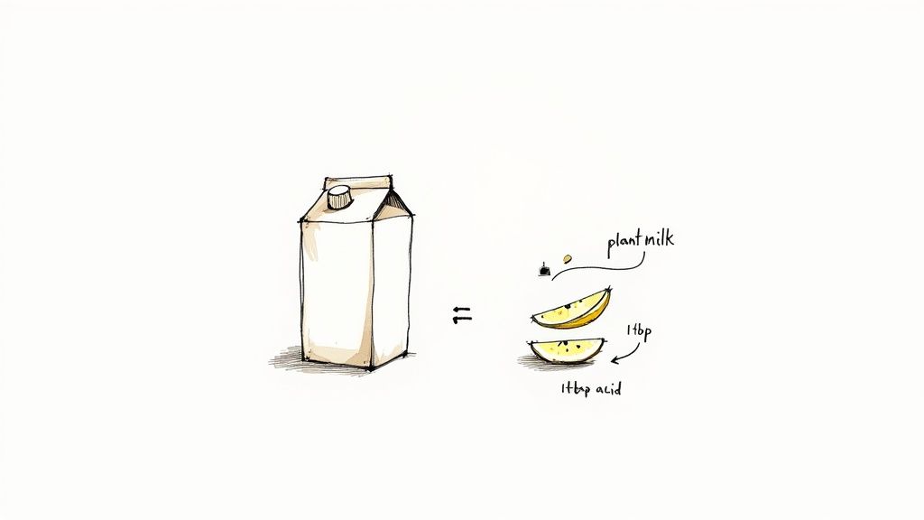 A glass of plant-based milk next to a lemon and a bottle of vinegar.