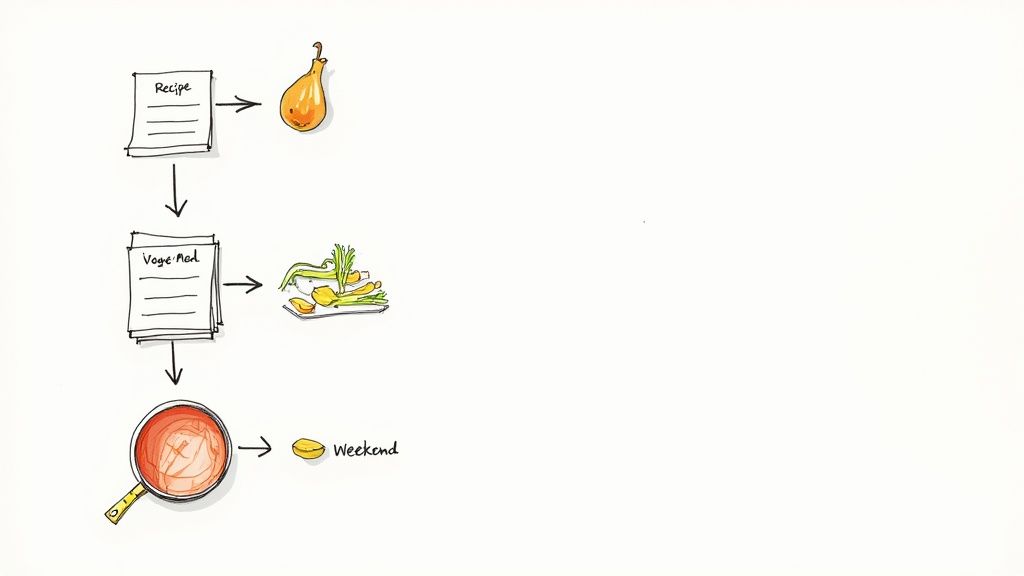 Meal prep workflow diagram showing recipe to vegetable preparation to cooking in pan on weekend