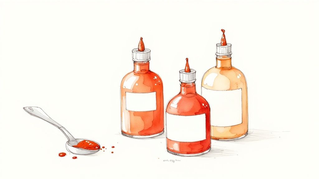 Watercolor illustration of three squeeze bottles of red chili sauce and a spoon with sauce splatters.
