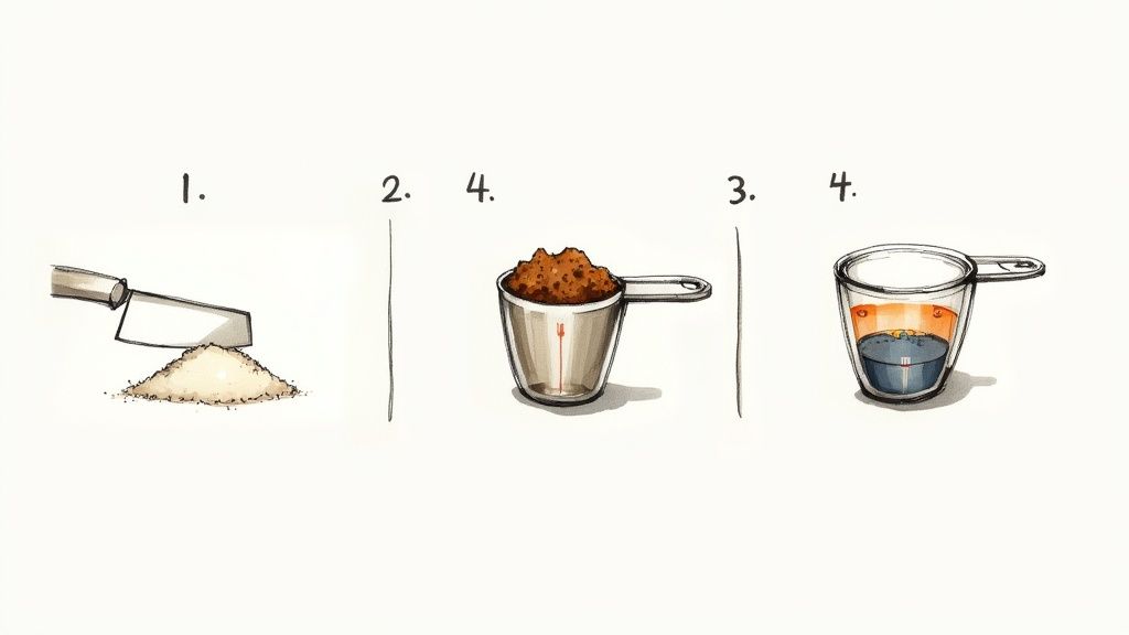 Illustration showing cooking measurement steps with a knife, sugar, a measuring cup, and layered liquid.