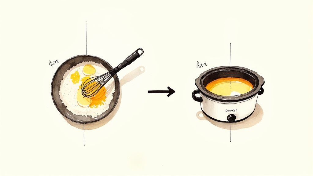 Person whisking a roux in a pan on the stove