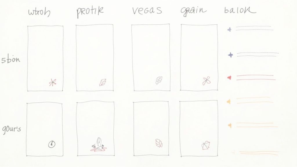 Hand-drawn grid chart with labels 'sbon' and 'gours', and 'wtoh' to 'balok', showing various symbols.