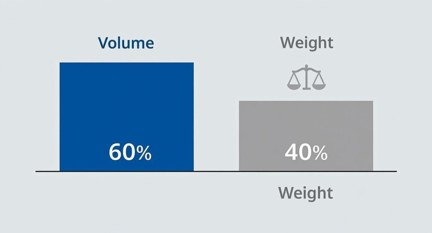 Bar chart illustrating a 60% Volume and 40% Weight comparison, with a scale icon.