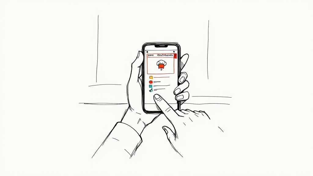 A line drawing depicts hands holding a smartphone, interacting with a cooking app interface.