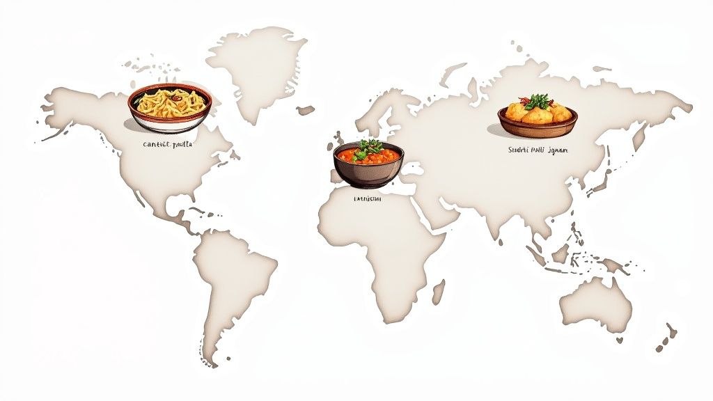 A world map displaying three dishes, each representing food from different continents, illustrating global cuisine.