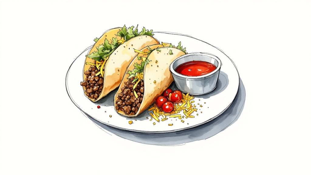 Tacos with seasoned ground beef, fresh lettuce, tomatoes, and cheese in a hard shell.