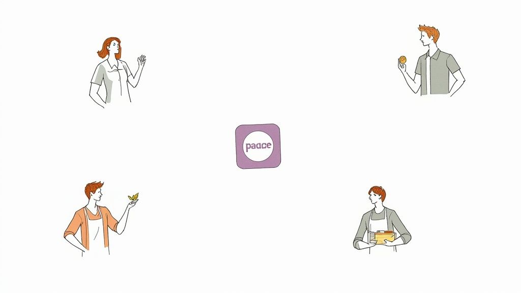 Four diverse people around a central 'paace' logo, each holding an item, suggesting various uses or features of the app.