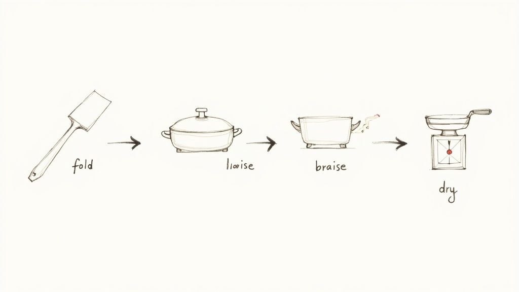 A hand-drawn diagram illustrating four cooking steps: fold with a spatula, lionise with a pot, braise, and dry.