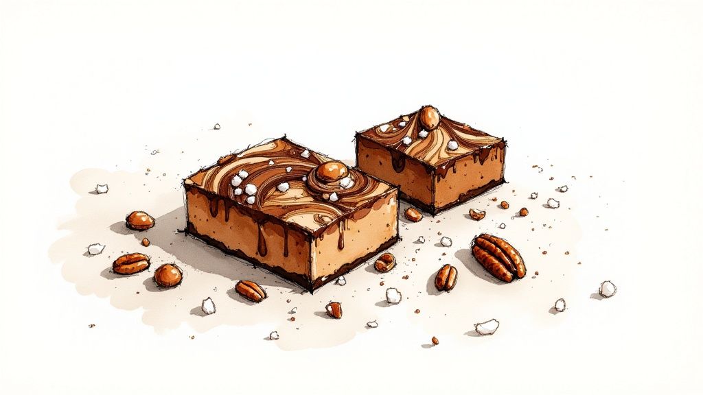 A close-up shot of peanut butter fudge squares, with some pieces featuring a chocolate swirl and a sprinkle of flaky sea salt.