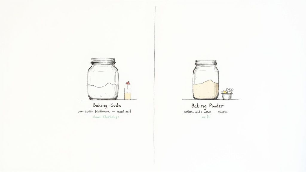 A simple illustration comparing baking soda and baking powder, detailing their compositions.