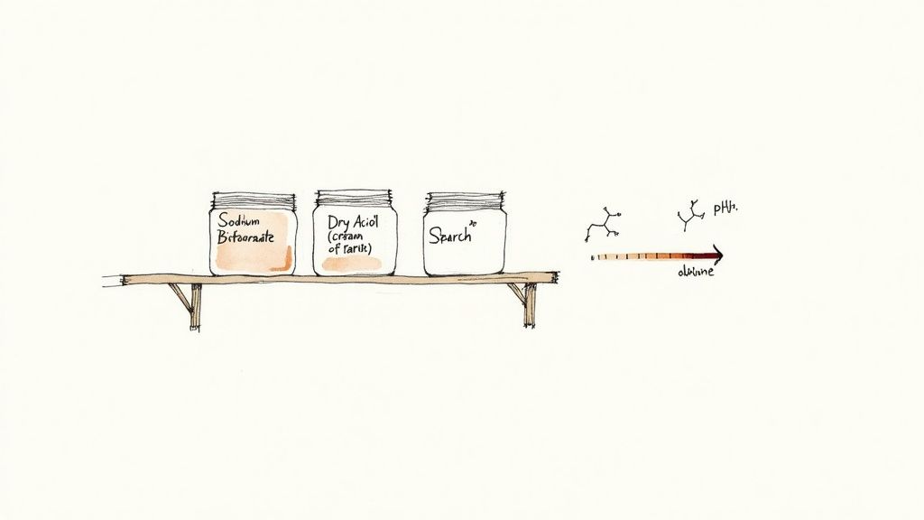 Three jars of baking ingredients labeled 'Sodium Bicarbonate', 'Dry Acid', 'Starch' on a shelf, with chemical diagrams.