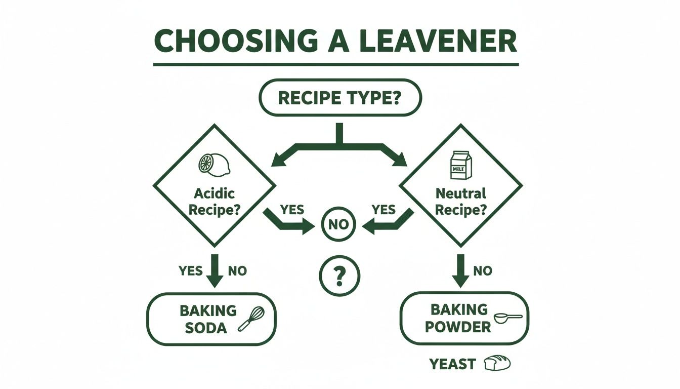 Flowchart guiding the choice between baking soda, baking powder, and yeast based on recipe acidity.