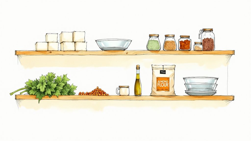 A well-organized pantry with glass jars of nuts, seeds, and flours, alongside fresh vegetables in baskets.