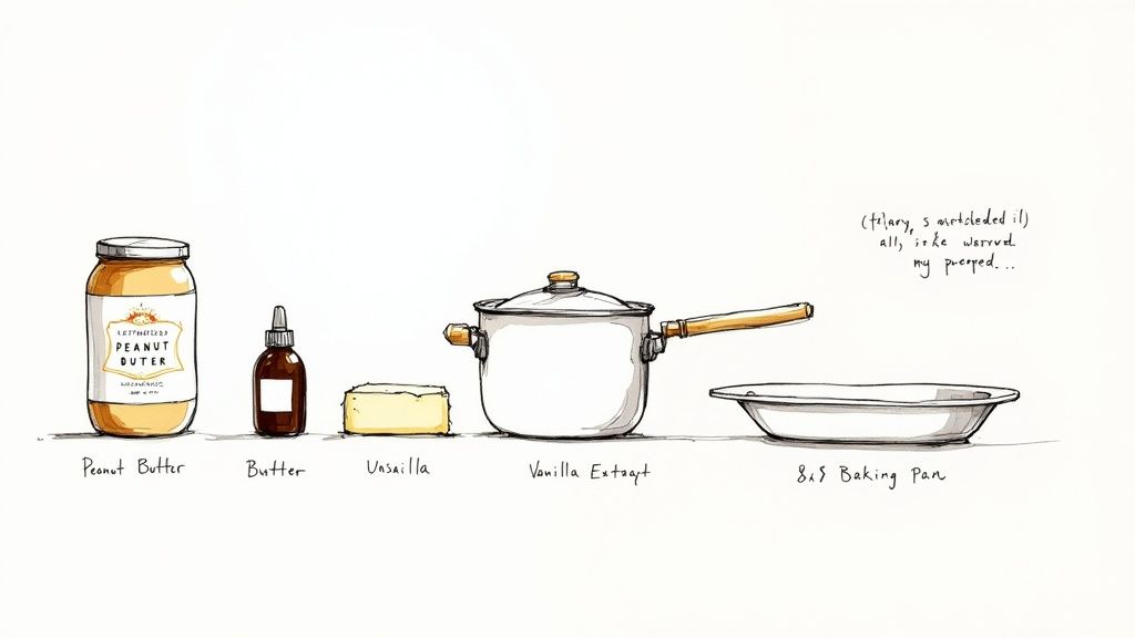 A collection of ingredients for peanut butter fudge, including peanut butter, powdered sugar, and butter, neatly arranged on a kitchen counter.