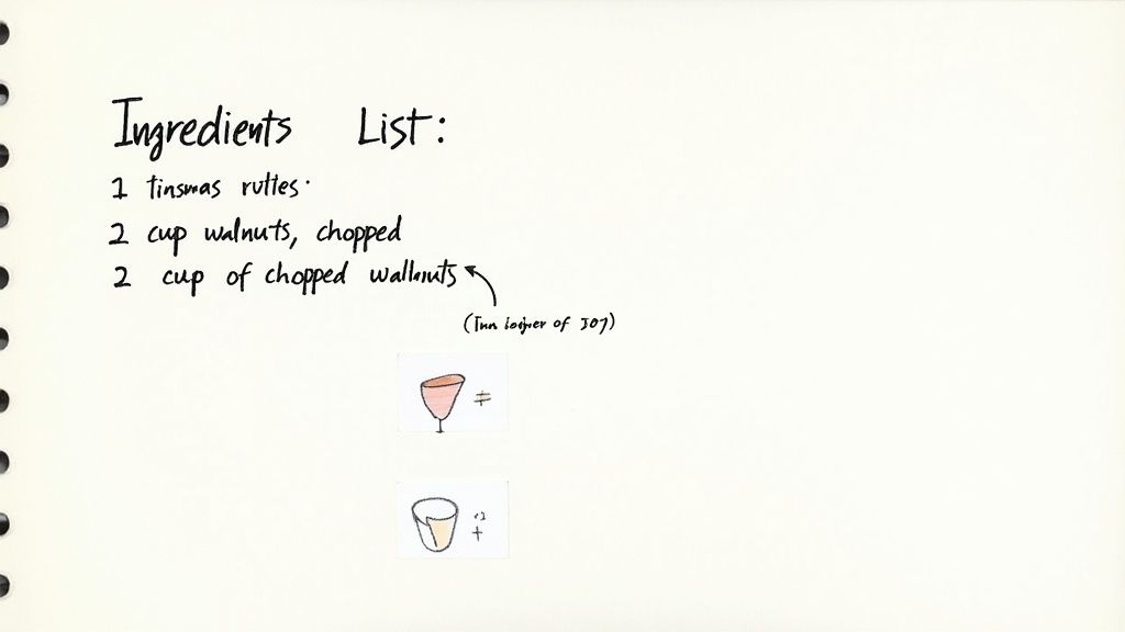 A handwritten ingredients list on a notebook page, detailing items like walnuts and 'tinsmas ruttles'.