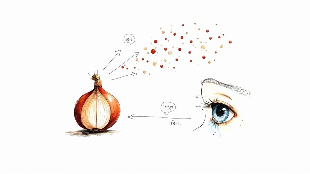 Close-up of a person slicing a red onion on a wooden cutting board, with visible water droplets suggesting a recent wash.