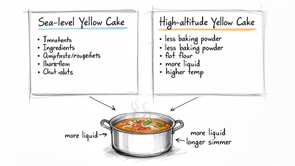 A diagram comparing sea-level and high-altitude yellow cake adjustments pointing to a simmering pot.