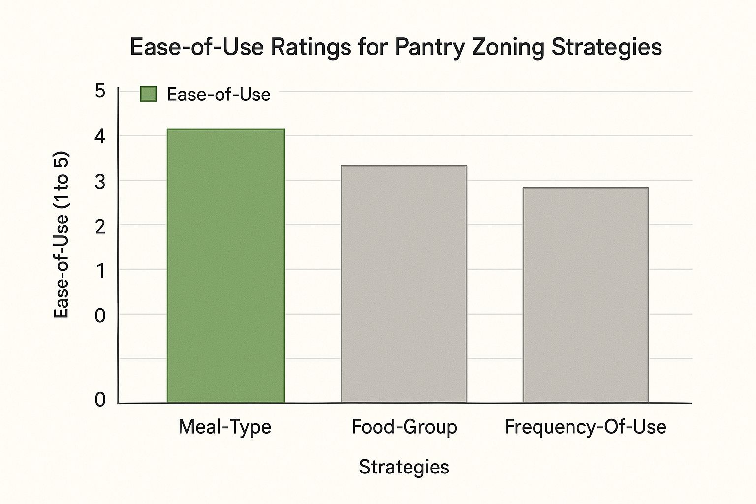 Infographic comparing ease-of-use ratings for three pantry zoning strategies: Meal-Type, Food-Group, and Frequency-Of-Use.