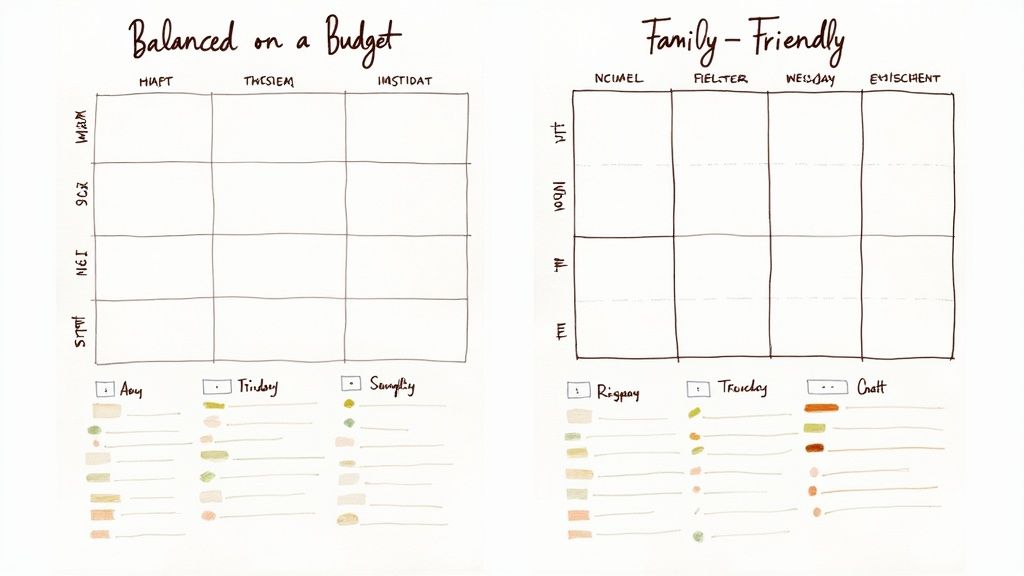 Two blank meal planning templates labeled balanced on a budget and family friendly with weekly grids