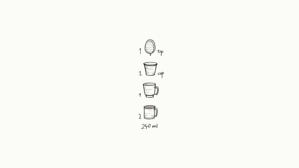 Hand-drawn illustrations of cooking measurement conversions, depicting teaspoon, cup, and mug volumes.