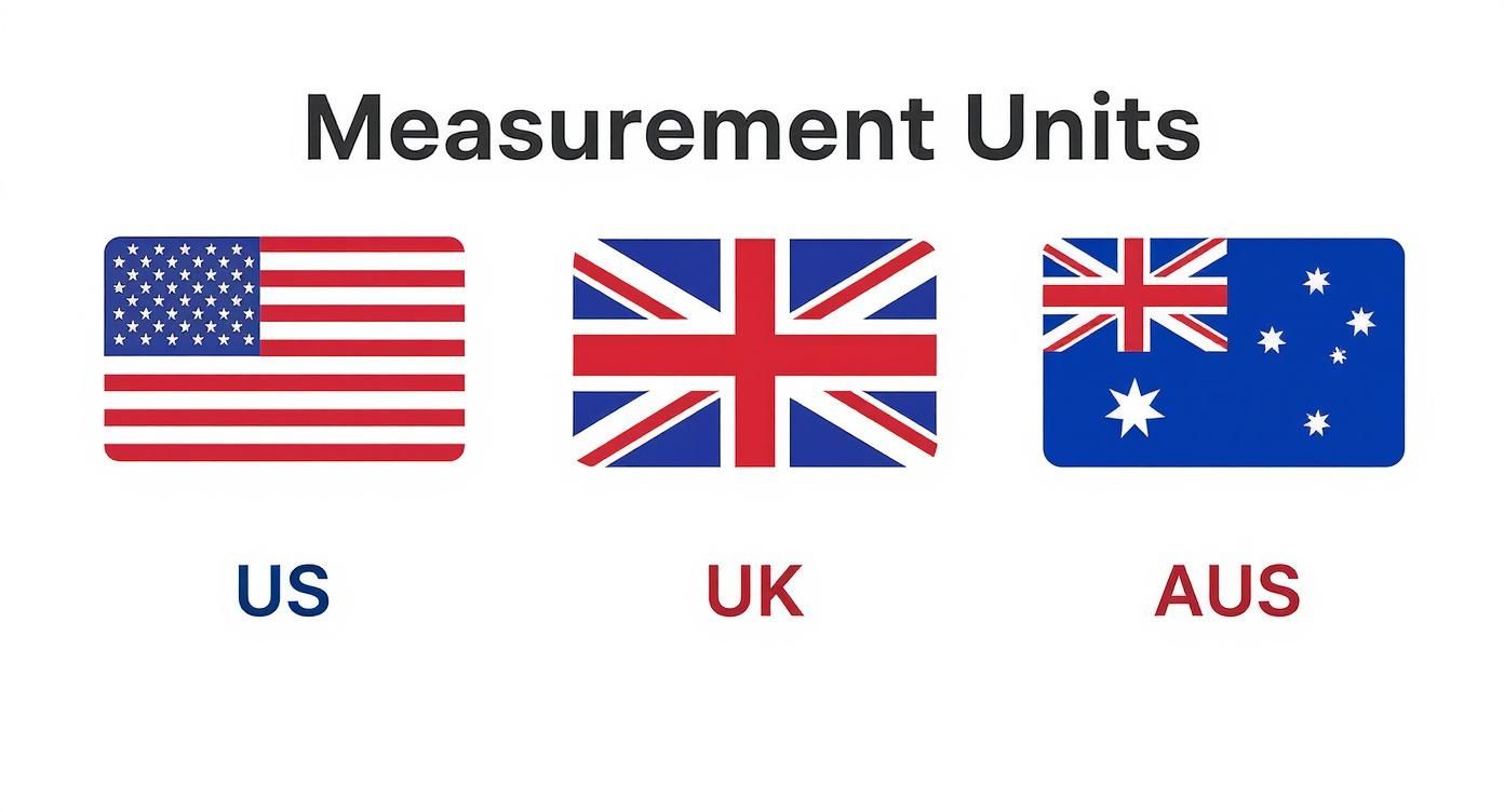 Measurement Units graphic showing flags for the US, UK, and Australia, representing different measurement systems.
