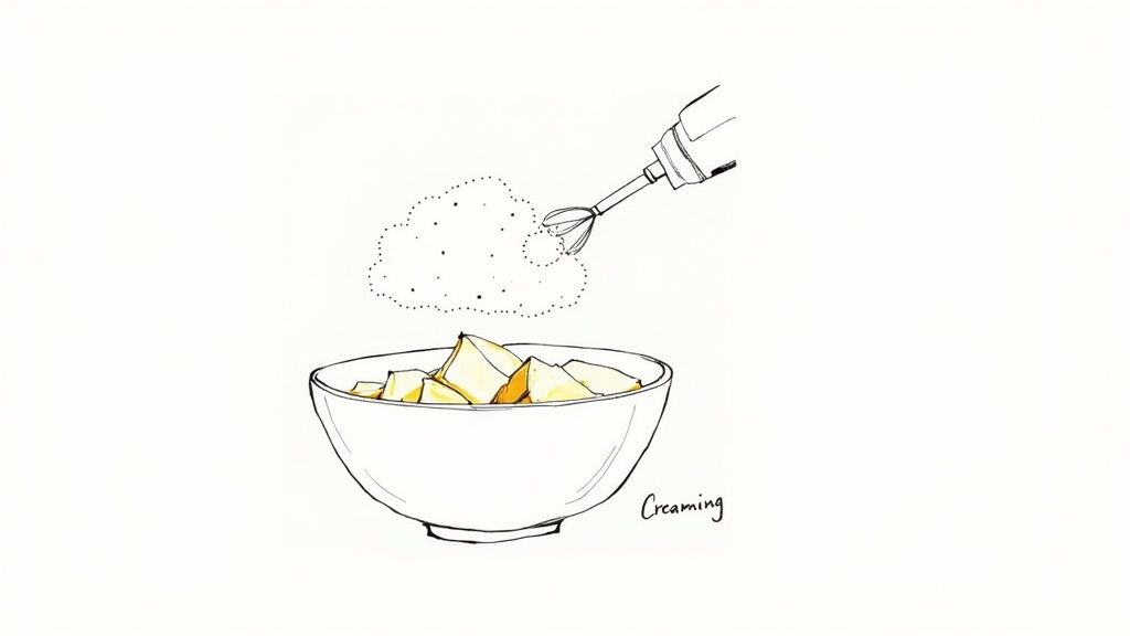 Line drawing illustrating a hand mixer creaming butter or shortening with sugar in a white bowl.