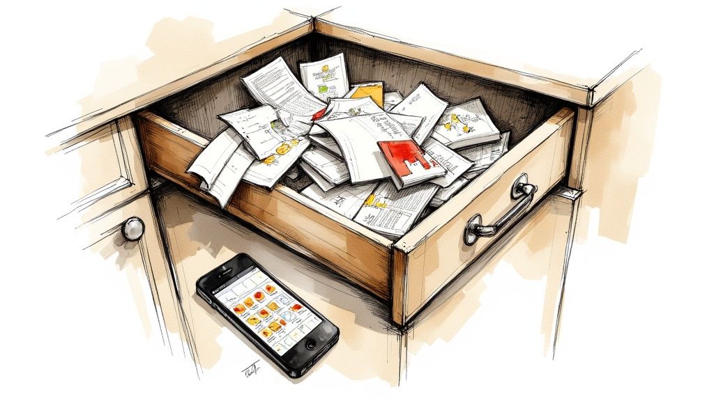 A tidy and modern kitchen counter with a tablet displaying a recipe, next to fresh ingredients.