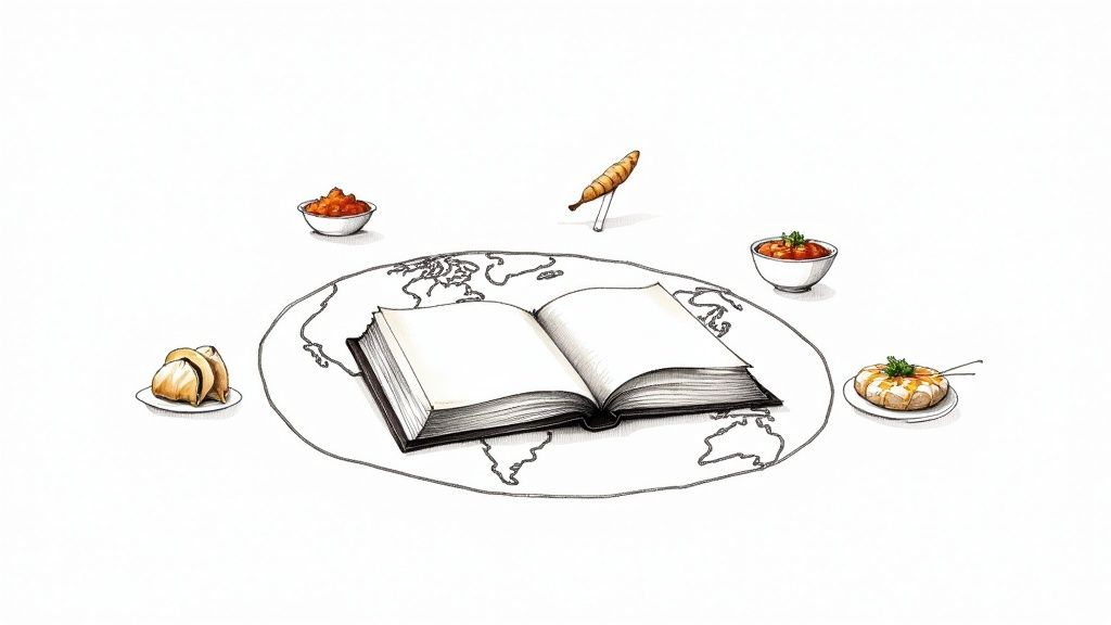 An open book on a world map surrounded by various international food dishes and ingredients.
