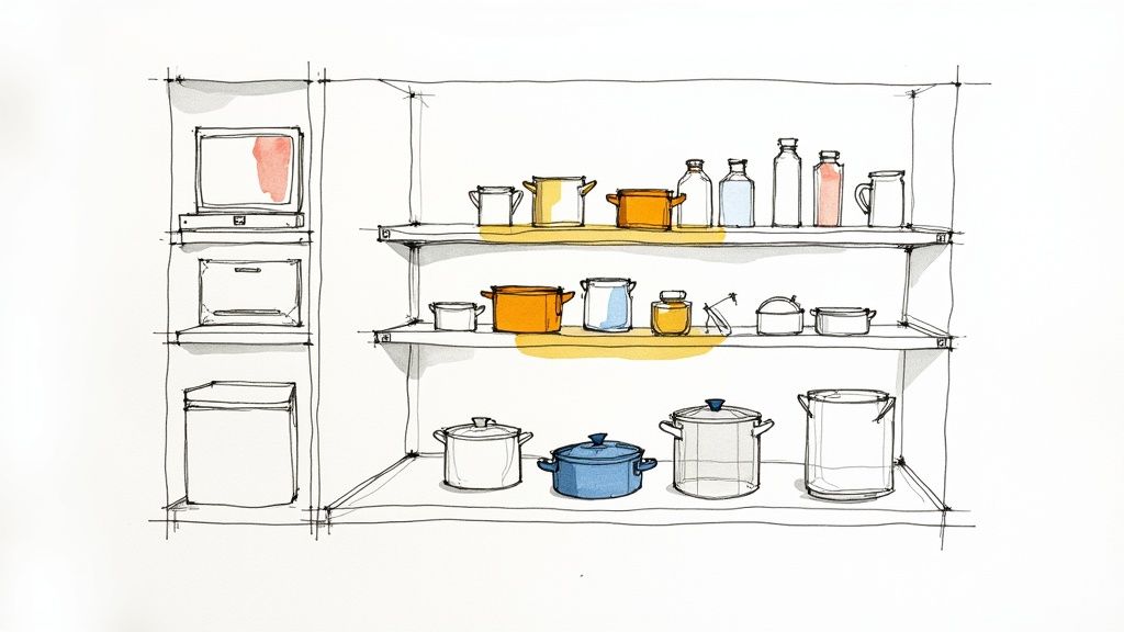 An organized pantry with items placed on different shelves according to their use.