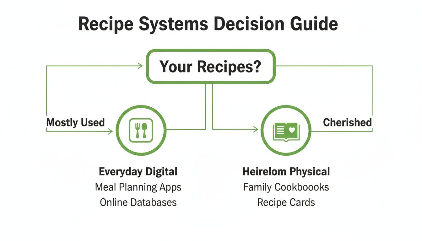 A decision guide flow chart for organizing recipes, categorizing them as everyday digital or heirloom physical.