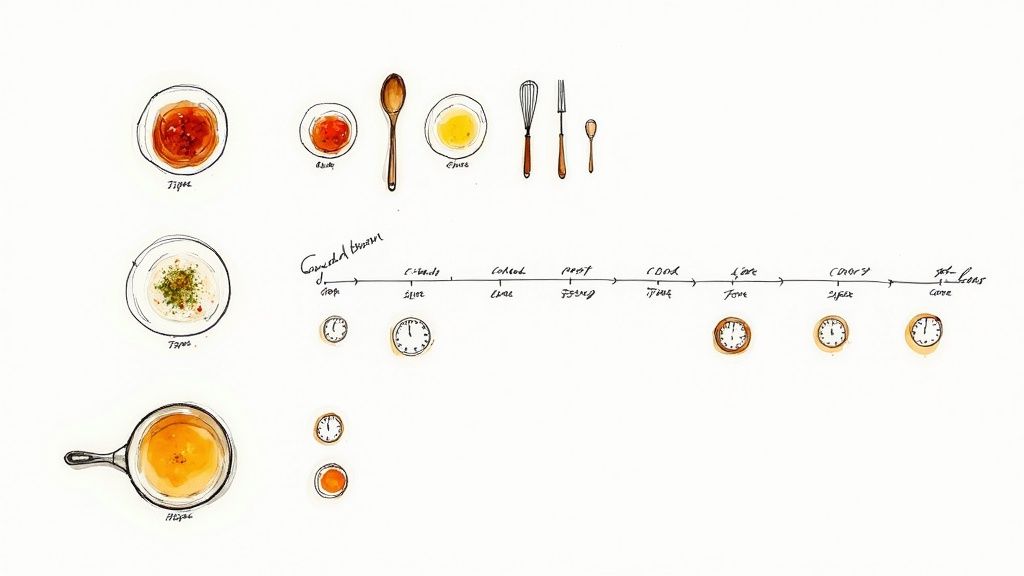Hand-drawn illustrations of cooking ingredients, utensils, and a cooking timeline with clocks.