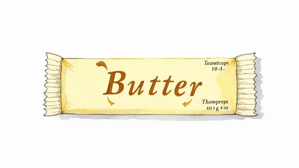 A stick of butter with measurement markings on its wrapper, sitting next to a measuring cup.