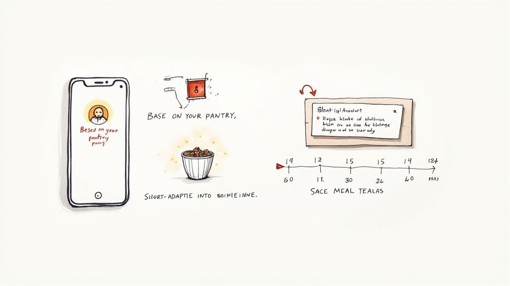 A smartphone displays a recipe app based on pantry inventory, next to a bowl of food and a meal tracking timeline.