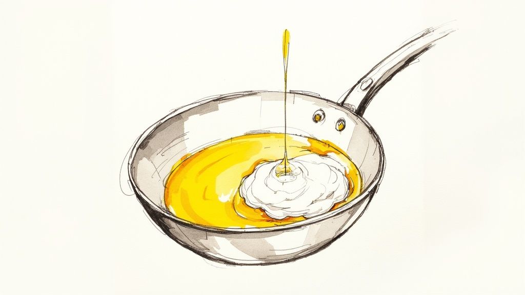 A roux being whisked in a stainless steel pan.