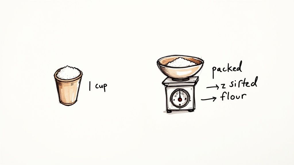 Illustrations showing a cup of flour labeled '1 cup' and a bowl of packed, sifted flour on a scale.