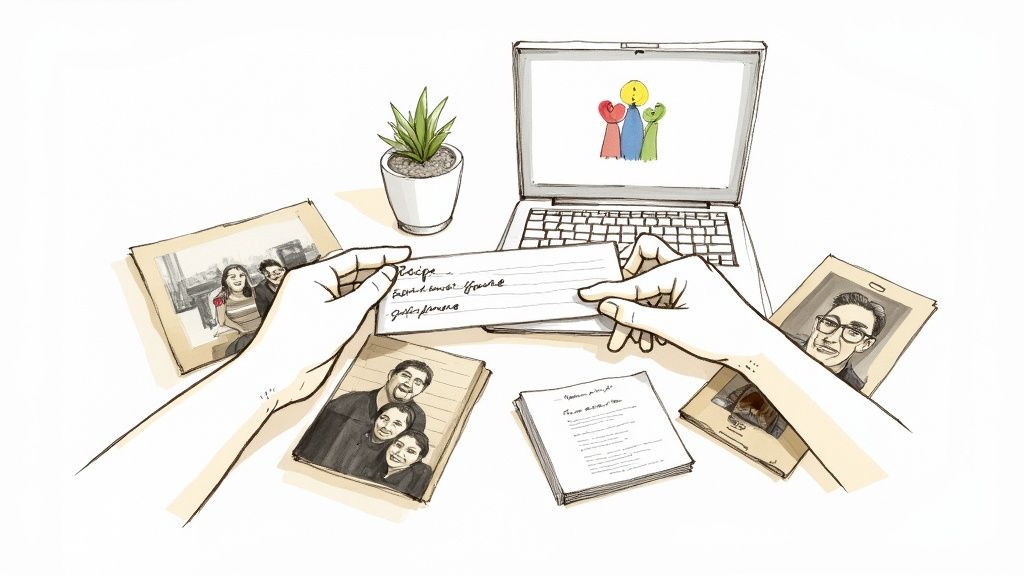 Hands organizing old family photos and a recipe card on a desk with a laptop and plant.