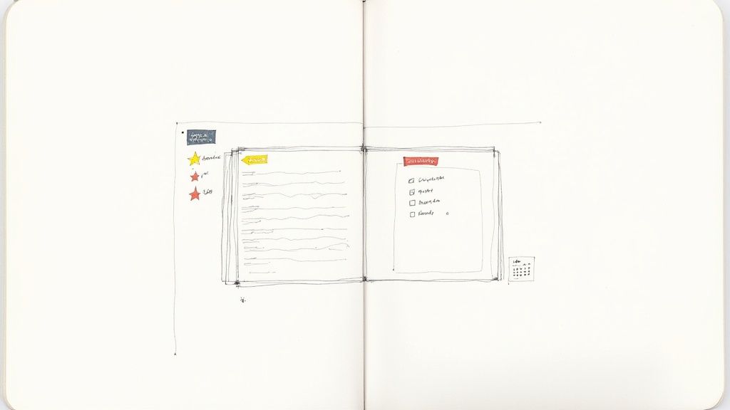 A hand-drawn sketch of a user interface design on a notebook, showing navigation, content, and a to-do list.