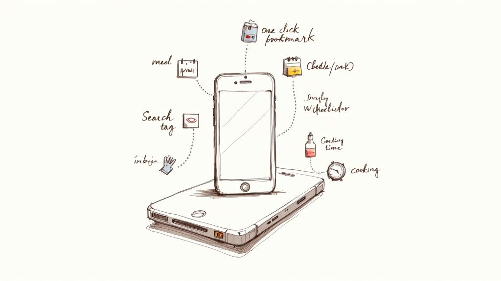 Two smartphones showcasing features of a recipe app, including bookmarking, meal planning, and cooking timers.