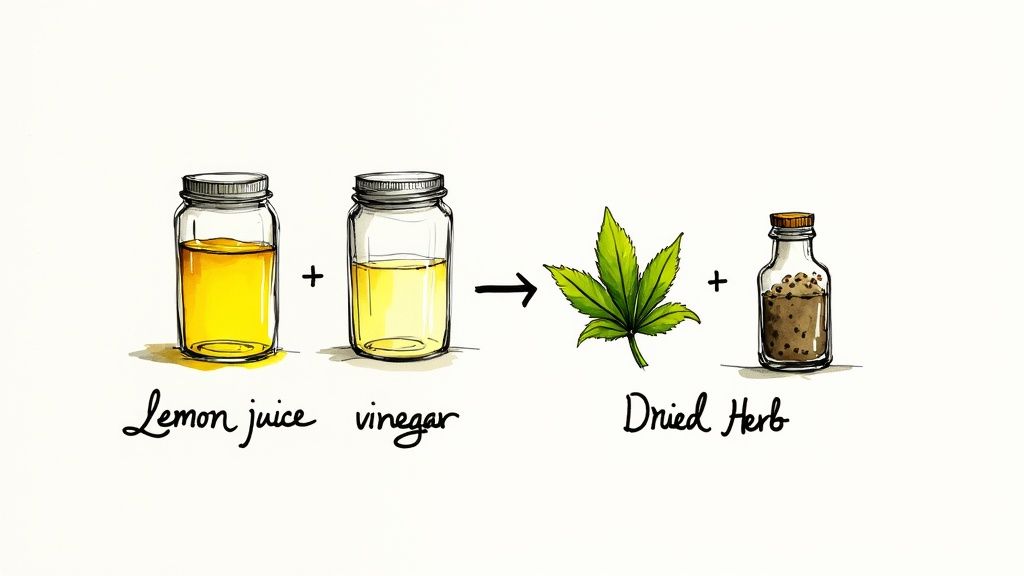 A variety of simple ingredients like an egg, lemon, herbs, and oil arranged on a kitchen counter, ready for substitution.