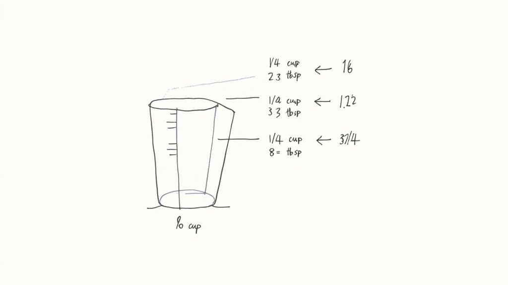 Hand-drawn measuring cup with multiple markings and handwritten cup to tablespoon conversions.