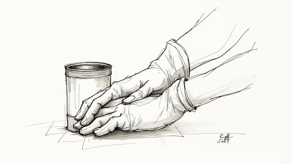 A person carefully positioning the heel of a chef's knife on the rim of a tin can to puncture it.