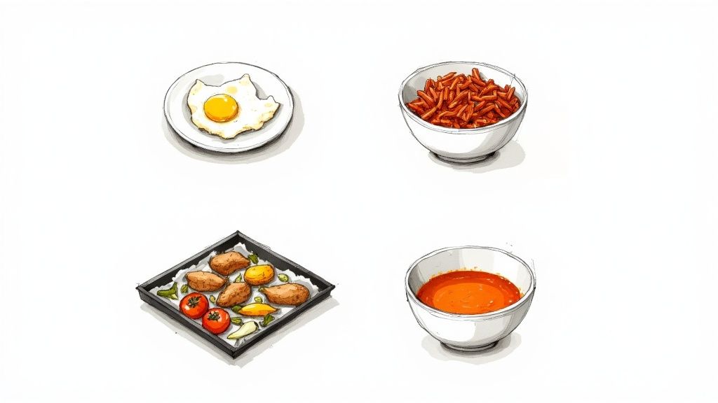 A culinary illustration featuring a fried egg, red pasta, roasted vegetables with chicken, and a bowl of orange soup.