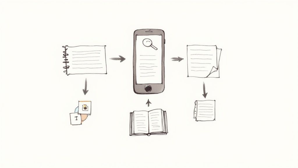 Process diagram shows a mobile app digitizing physical recipes from notebooks and books for search and organization.