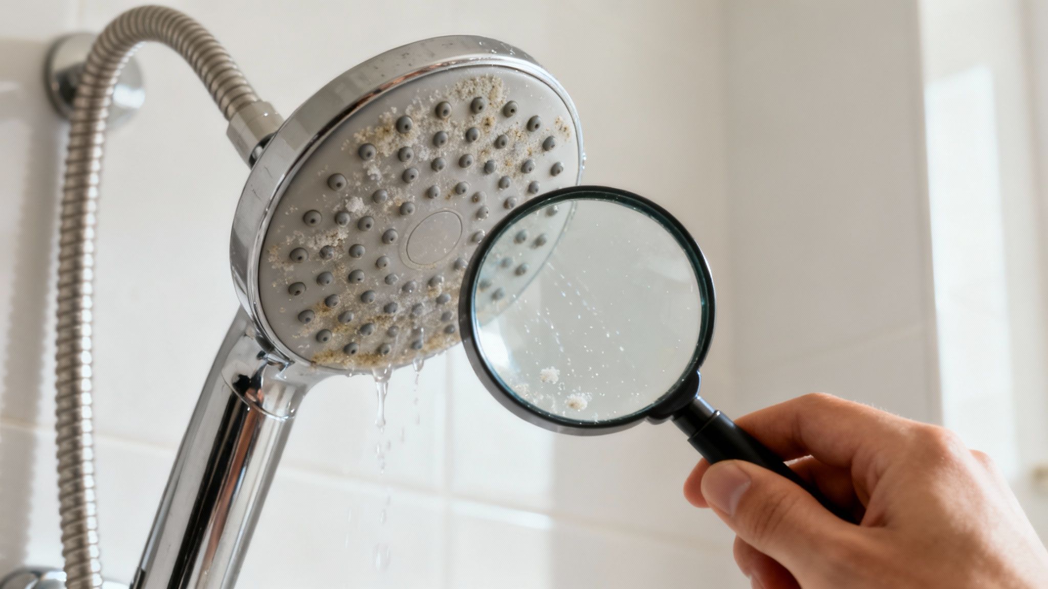 Une personne examinant un pommeau de douche dans une salle de bain lumineuse.